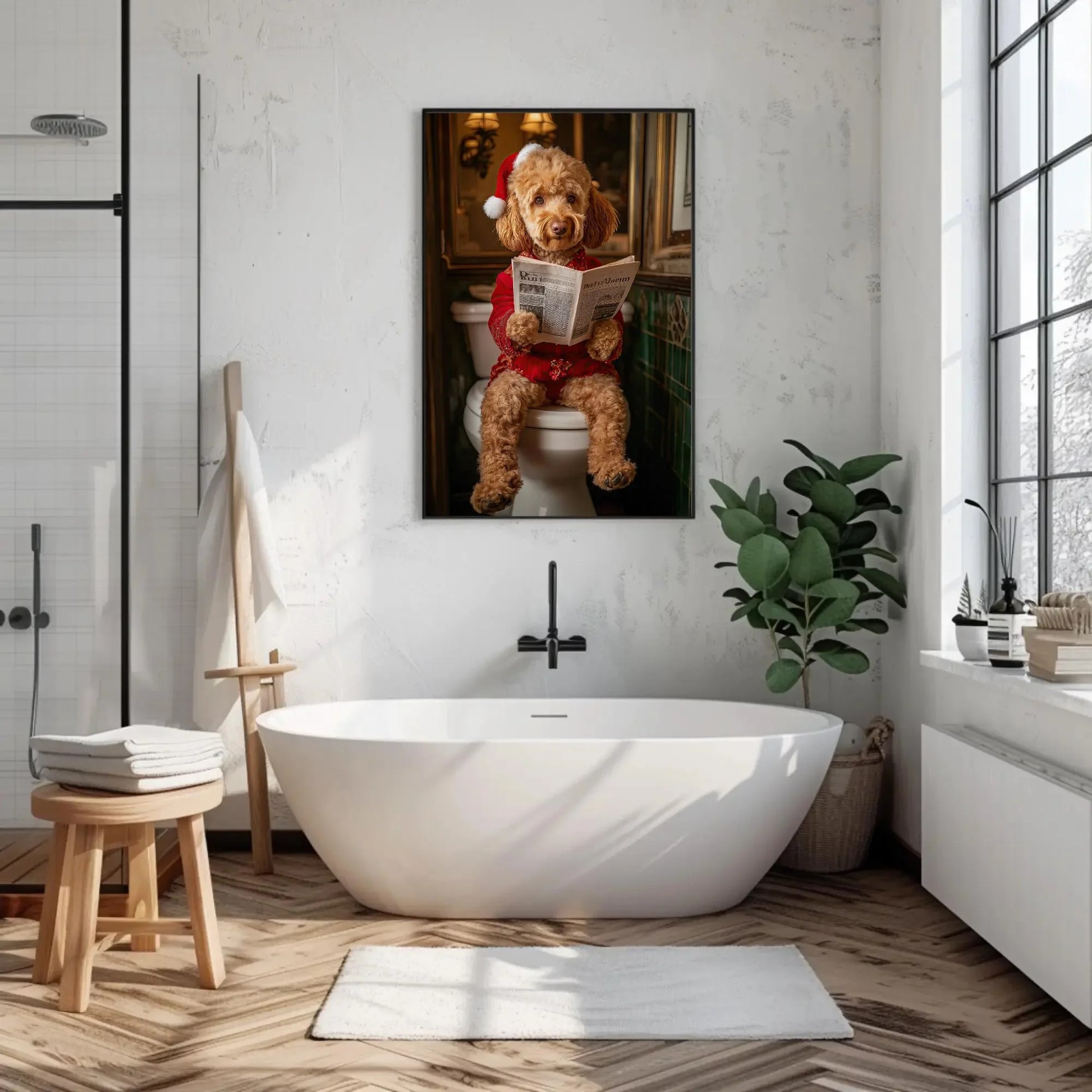 Goldendoodle in Santa Hat Reading Newspaper Canvas Print, Christmas Dog Bathroom Art, Funny Holiday Decor, Whimsical Dog Wall Art Wall Art – Canvas Print