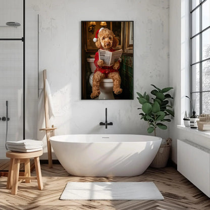 Goldendoodle in Santa Hat Reading Newspaper Canvas Print, Christmas Dog Bathroom Art, Funny Holiday Decor, Whimsical Dog Wall Art Wall Art – Canvas Print