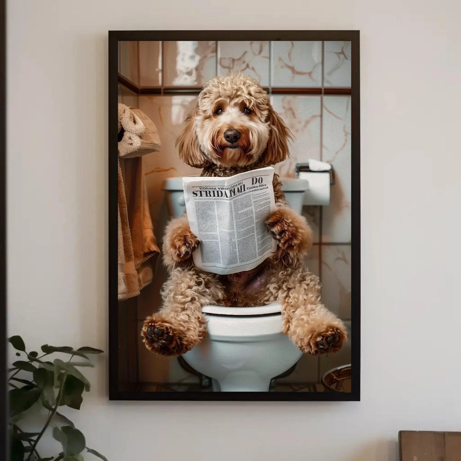 Goldendoodle dog reading newspaper on toilet canvas print - toilet humor -whimsical bathroom art - funny animal print - hq ready to hang Wall Art – Canvas Print