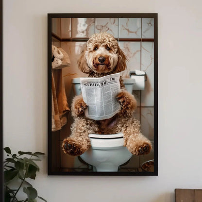 Goldendoodle dog reading newspaper on toilet canvas print - toilet humor -whimsical bathroom art - funny animal print - hq ready to hang Wall Art – Canvas Print