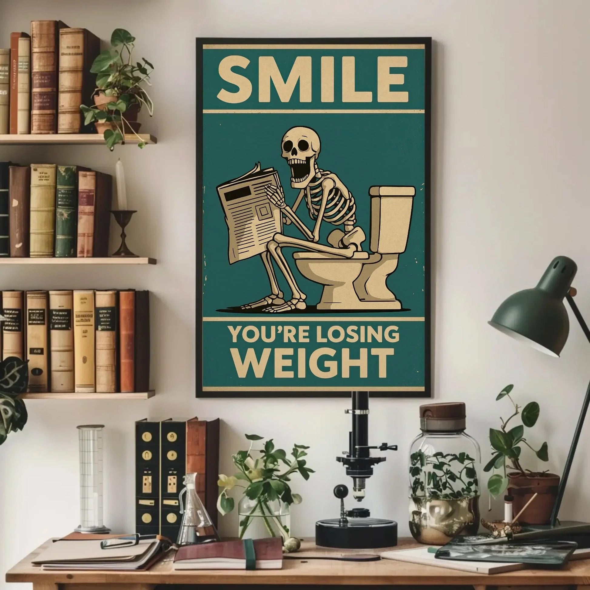 Skeleton Reading Newspaper Canvas Print, Extra Large Funny “You’re Losing Weight” Wall Art, Humorous Bathroom or Office Decor Quirky Spaces Wall Art – Canvas Print