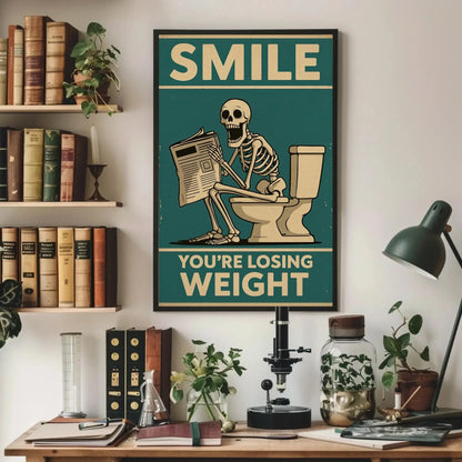 Skeleton Reading Newspaper Canvas Print, Extra Large Funny “You’re Losing Weight” Wall Art, Humorous Bathroom or Office Decor Quirky Spaces Wall Art – Canvas Print