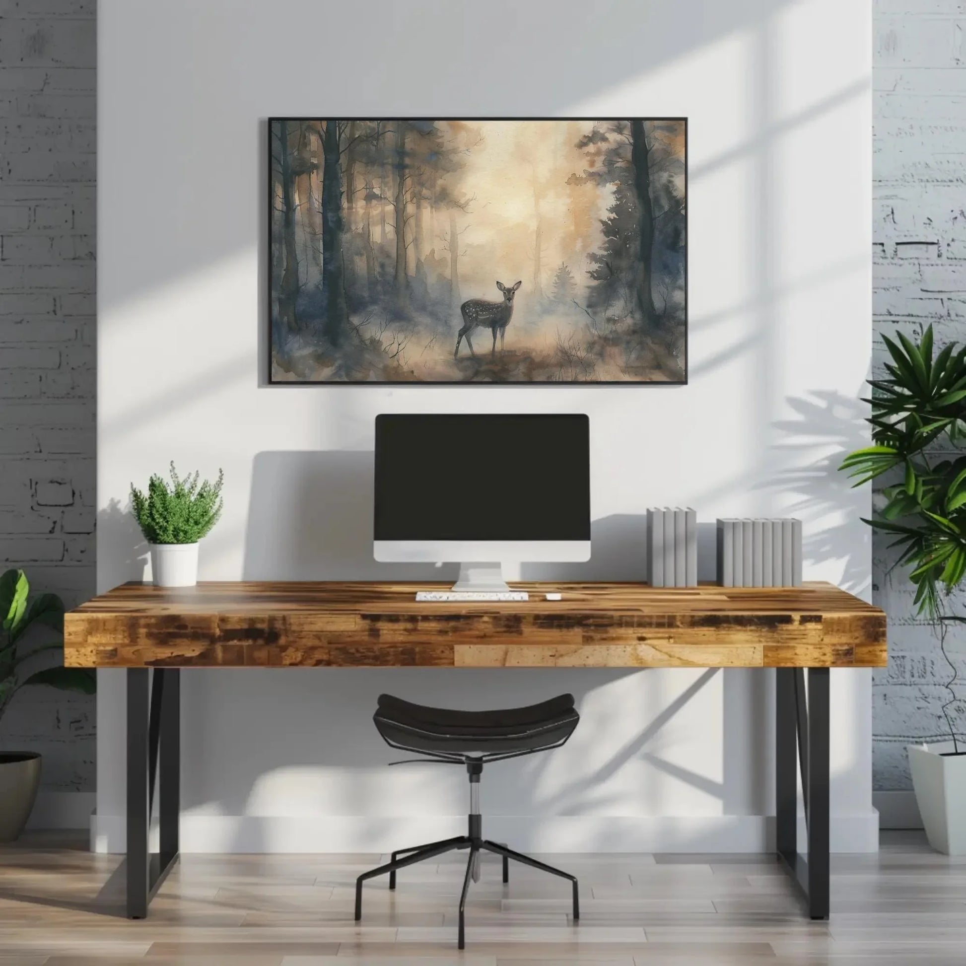 Deer in Misty Pine Forest Canvas Print - Extra Large Watercolor Woodland Painting - Serene Nature Wall Art for Cabin, Lodge, or Rustic Home Wall Art – Canvas Print