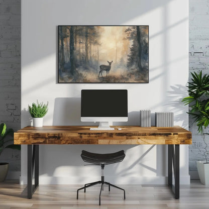 Deer in Misty Pine Forest Canvas Print - Extra Large Watercolor Woodland Painting - Serene Nature Wall Art for Cabin, Lodge, or Rustic Home Wall Art – Canvas Print