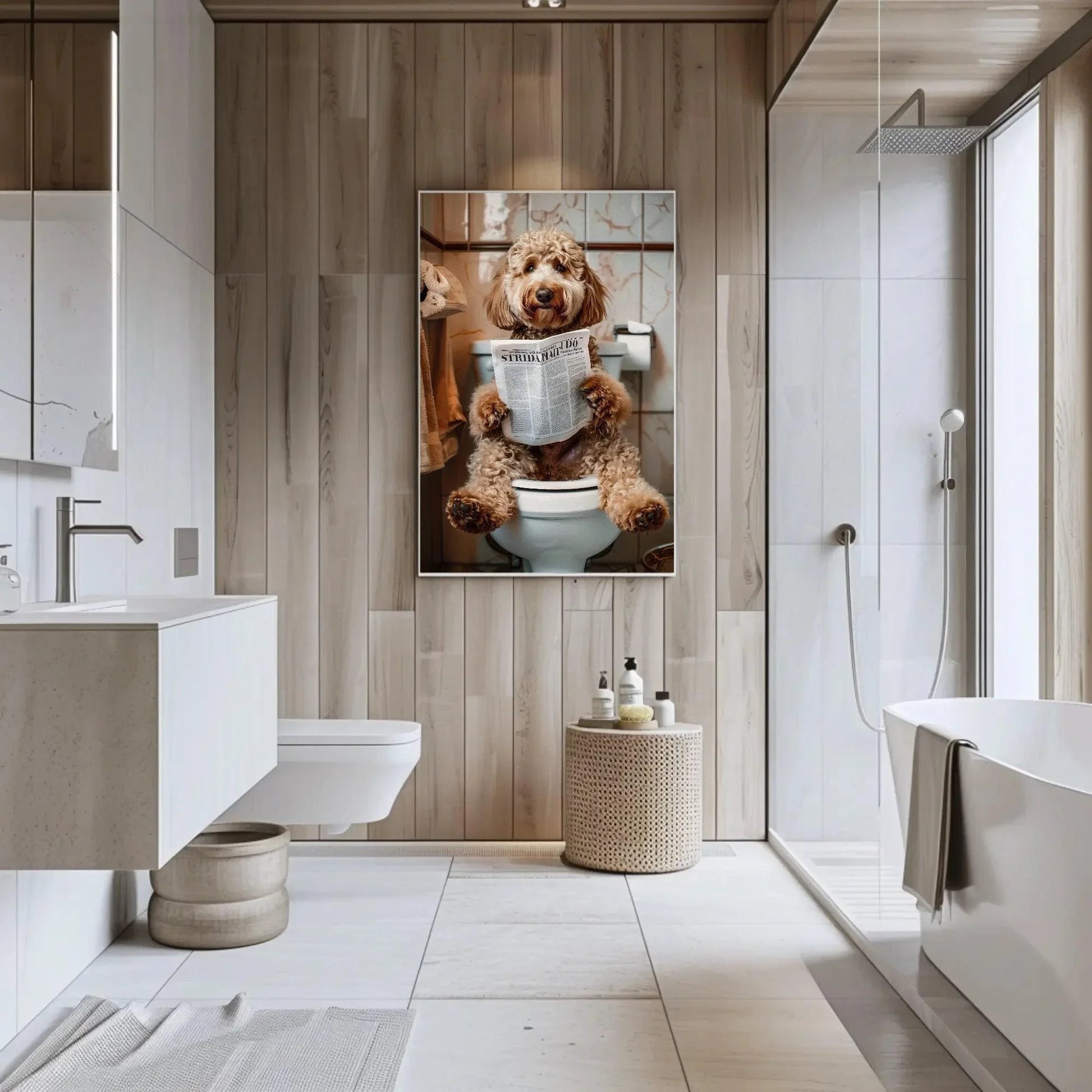 Goldendoodle dog reading newspaper on toilet canvas print - toilet humor -whimsical bathroom art - funny animal print - hq ready to hang Wall Art – Canvas Print
