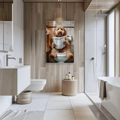 Goldendoodle dog reading newspaper on toilet canvas print - toilet humor -whimsical bathroom art - funny animal print - hq ready to hang Wall Art – Canvas Print
