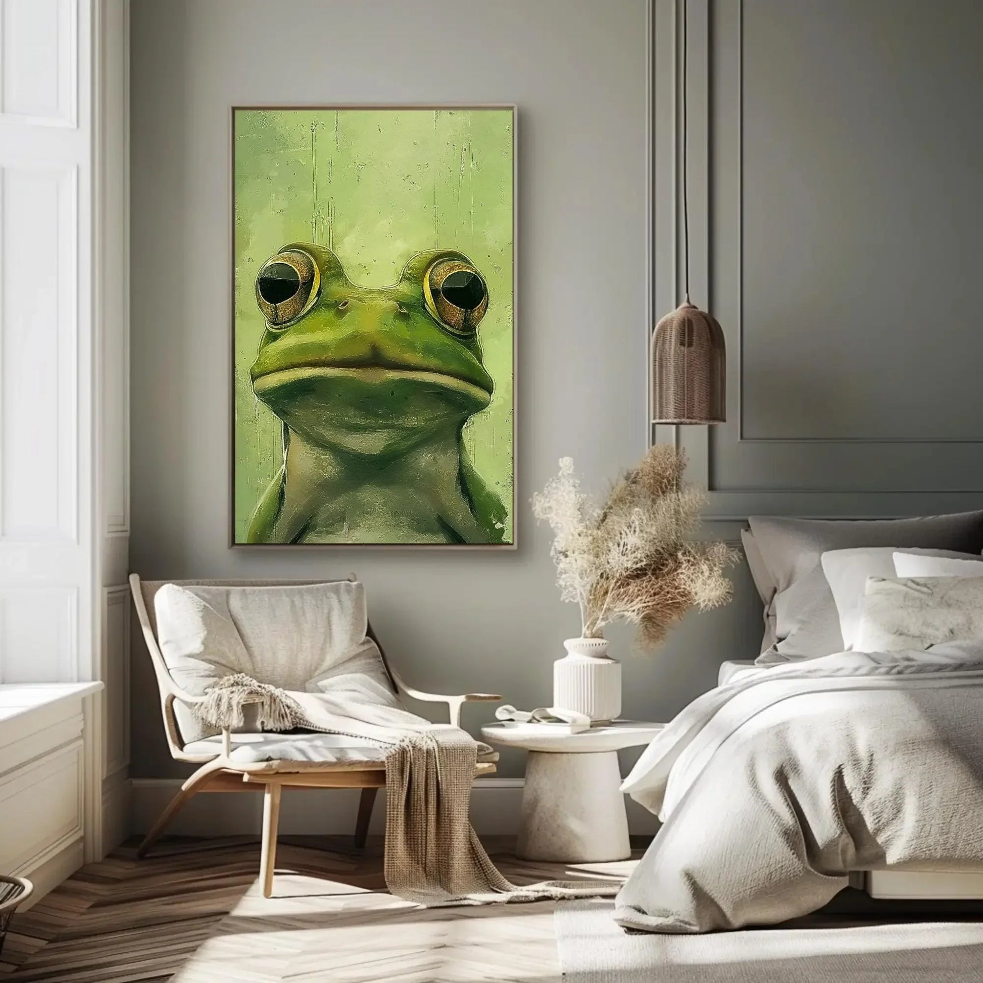 Chic Green Frog Canvas Print, Extra Large Whimsical Animal Wall Art, Modern Minimalist Decor for Bathroom, Nursery, or Nature-Themed Home Wall Art – Canvas Print