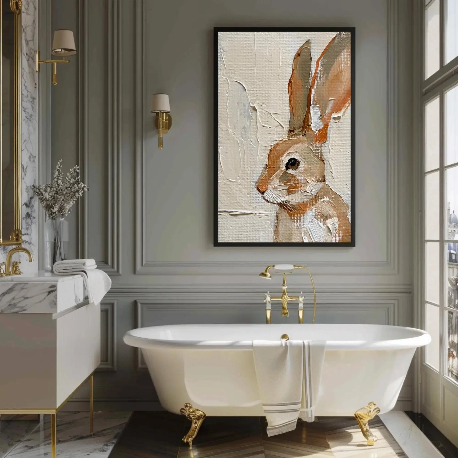 Brown Rabbit with Tall Ears Canvas Print - Extra Large Vertical Animal Painting - Rustic Woodland Wall Art - Nature-Inspired Bunny Decor Wall Art – Canvas Print