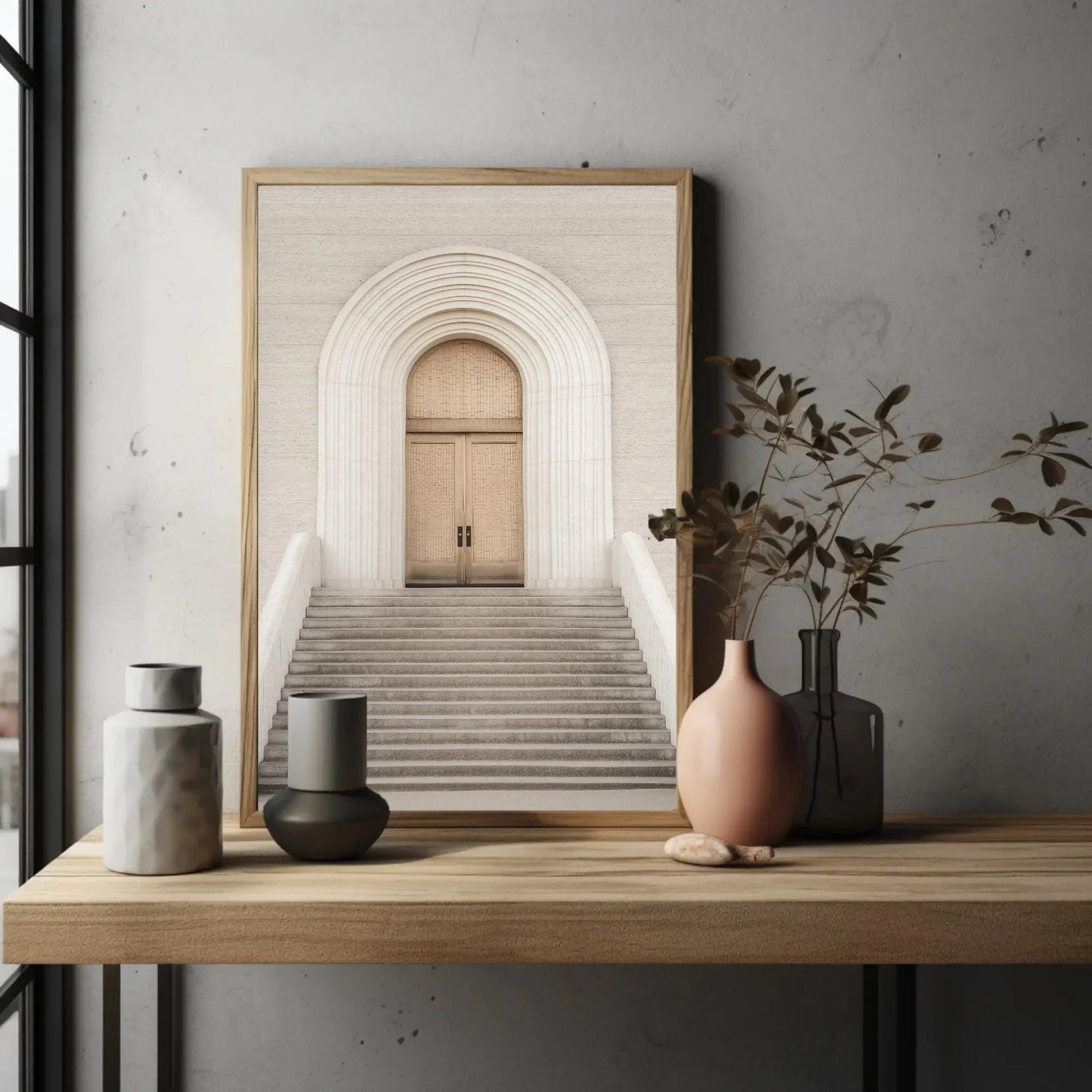 White Door and Stairs Minimalist Canvas Print - Modern Architectural Wall Art - Framed Contemporary Decor for Living Room, Office, Bedroom Wall Art – Canvas Print
