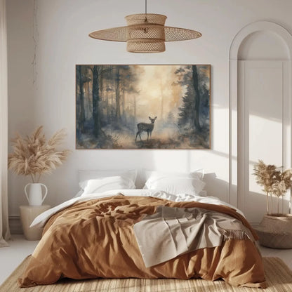 Deer in Misty Pine Forest Canvas Print - Extra Large Watercolor Woodland Painting - Serene Nature Wall Art for Cabin, Lodge, or Rustic Home Wall Art – Canvas Print