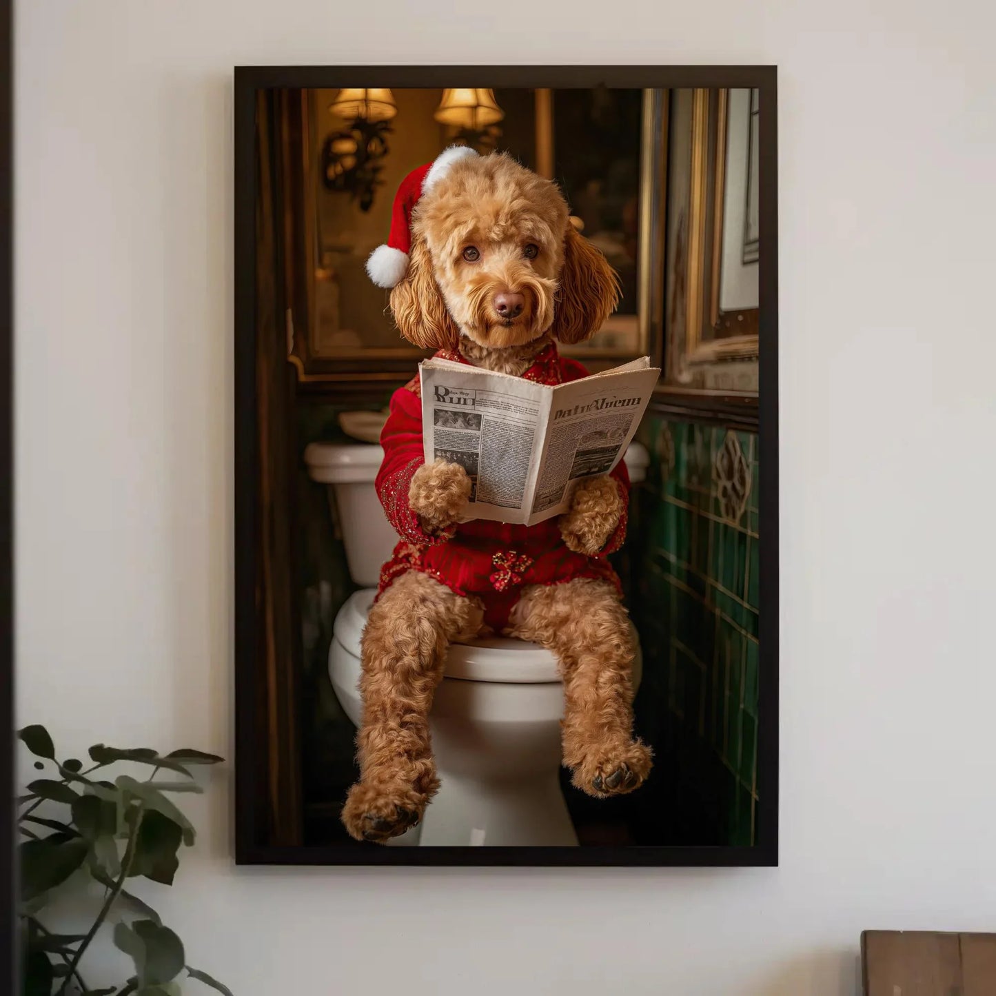 Goldendoodle in Santa Hat Reading Newspaper Canvas Print, Christmas Dog Bathroom Art, Funny Holiday Decor, Whimsical Dog Wall Art Wall Art – Canvas Print