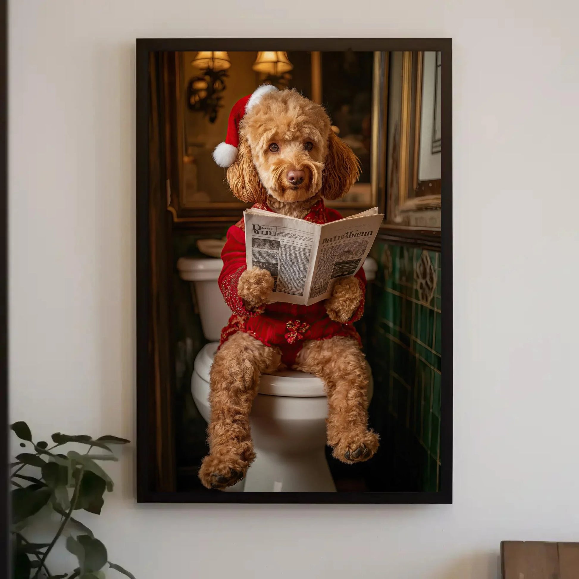 Goldendoodle in Santa Hat Reading Newspaper Canvas Print, Christmas Dog Bathroom Art, Funny Holiday Decor, Whimsical Dog Wall Art Wall Art – Canvas Print