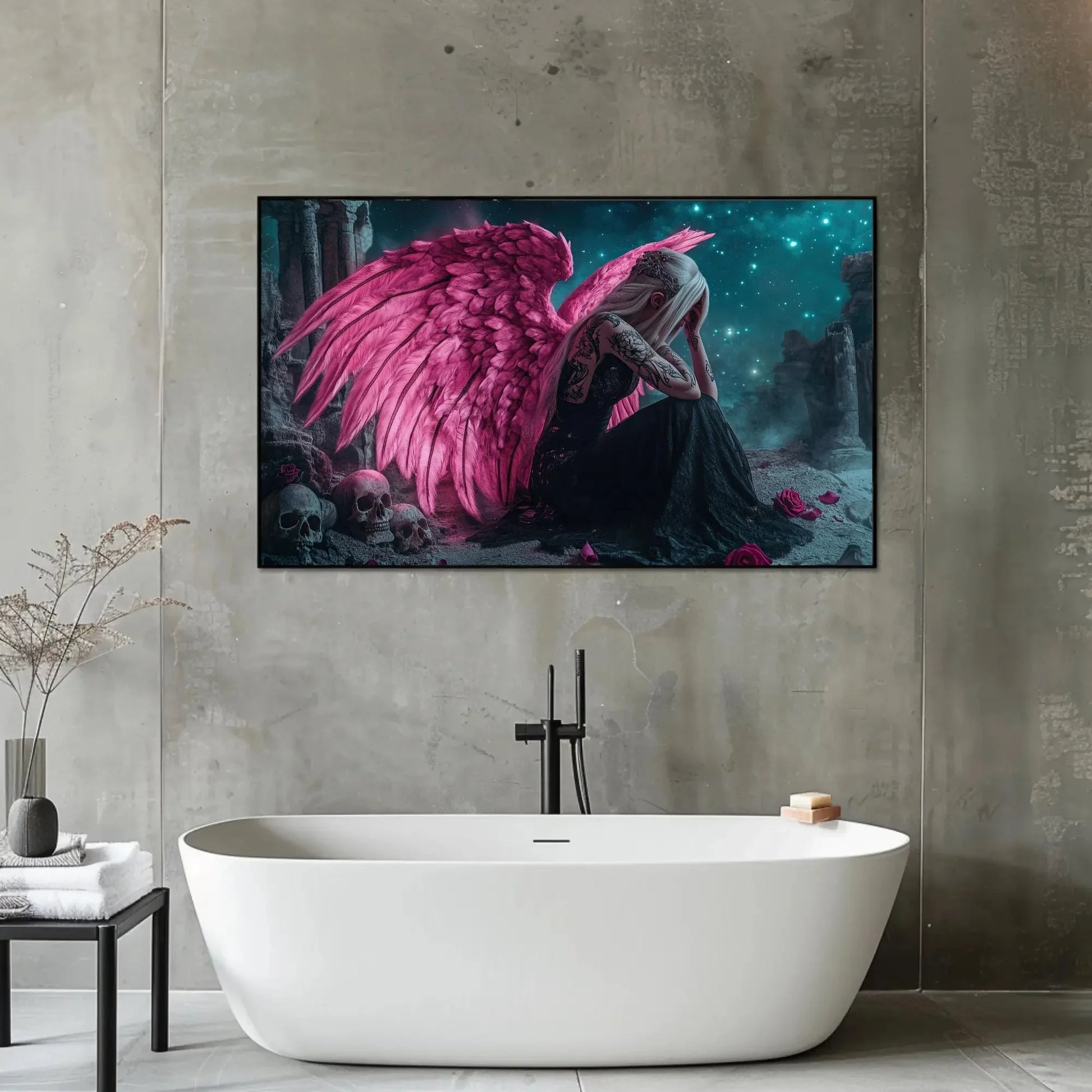 Sad Gothic Angel Canvas Print, Extra Large Pink Wing Tattoo Girl Wall Art, Emotional Fantasy Skull Decor for Alternative Bedroom or Studio Wall Art – Canvas Print