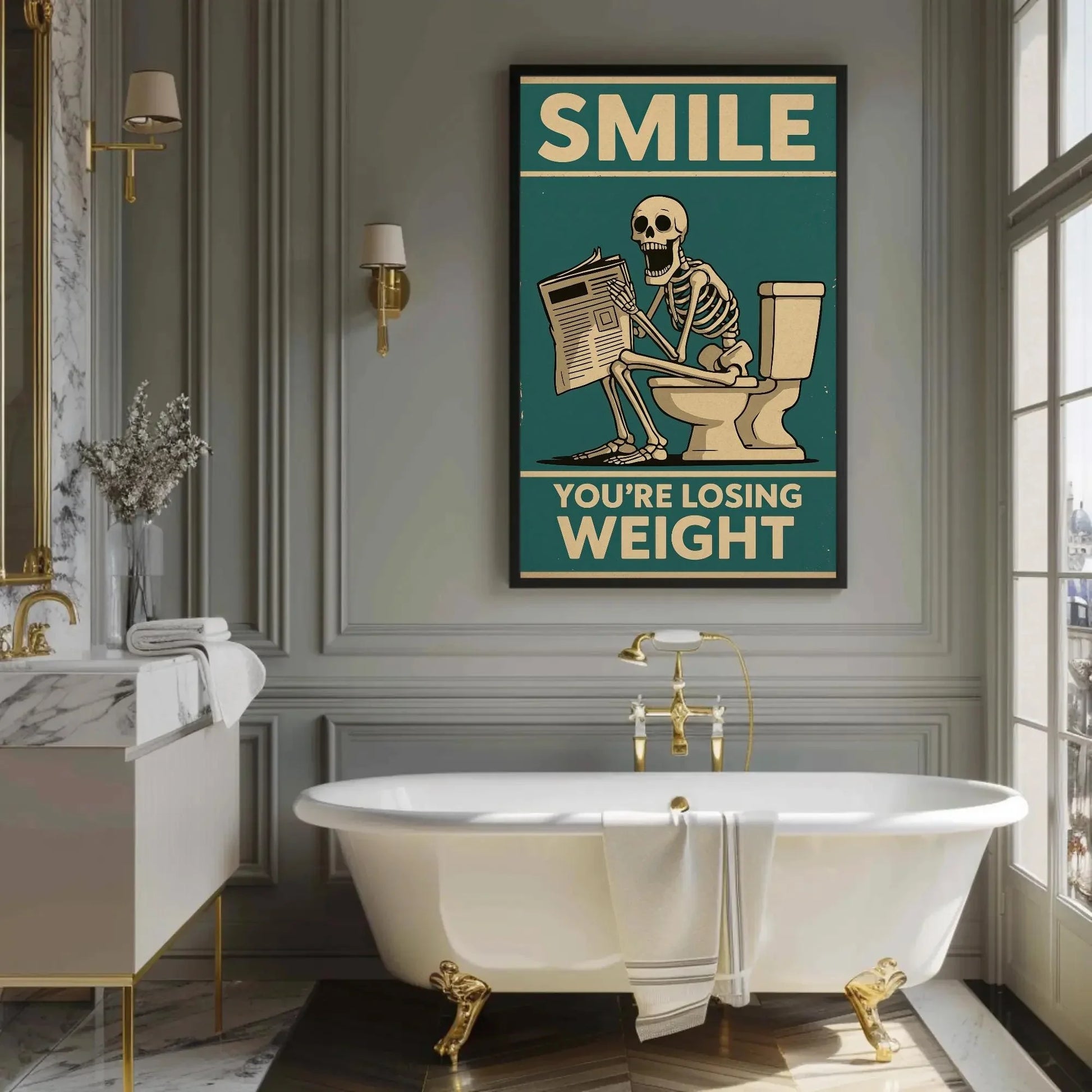 Skeleton Reading Newspaper Canvas Print, Extra Large Funny “You’re Losing Weight” Wall Art, Humorous Bathroom or Office Decor Quirky Spaces Wall Art – Canvas Print