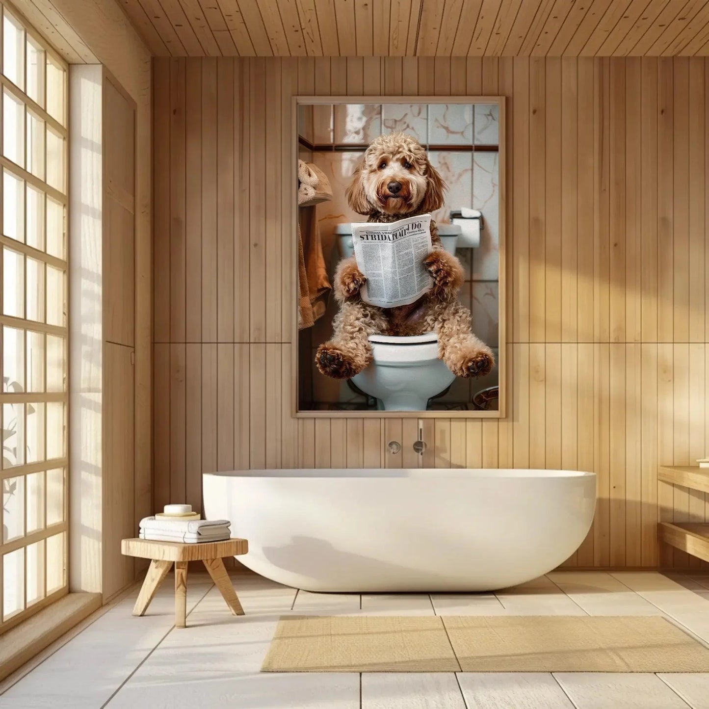 Goldendoodle dog reading newspaper on toilet canvas print - toilet humor -whimsical bathroom art - funny animal print - hq ready to hang Wall Art – Canvas Print