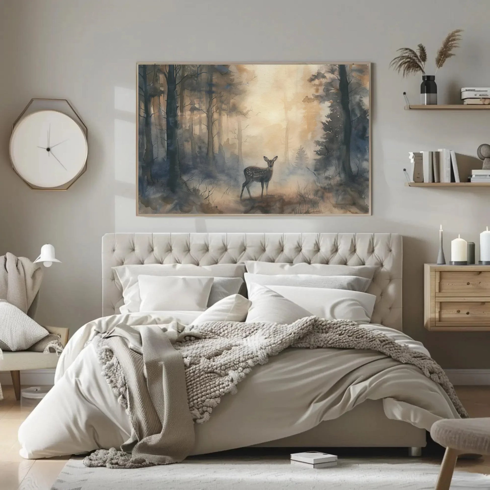 Deer in Misty Pine Forest Canvas Print - Extra Large Watercolor Woodland Painting - Serene Nature Wall Art for Cabin, Lodge, or Rustic Home Wall Art – Canvas Print