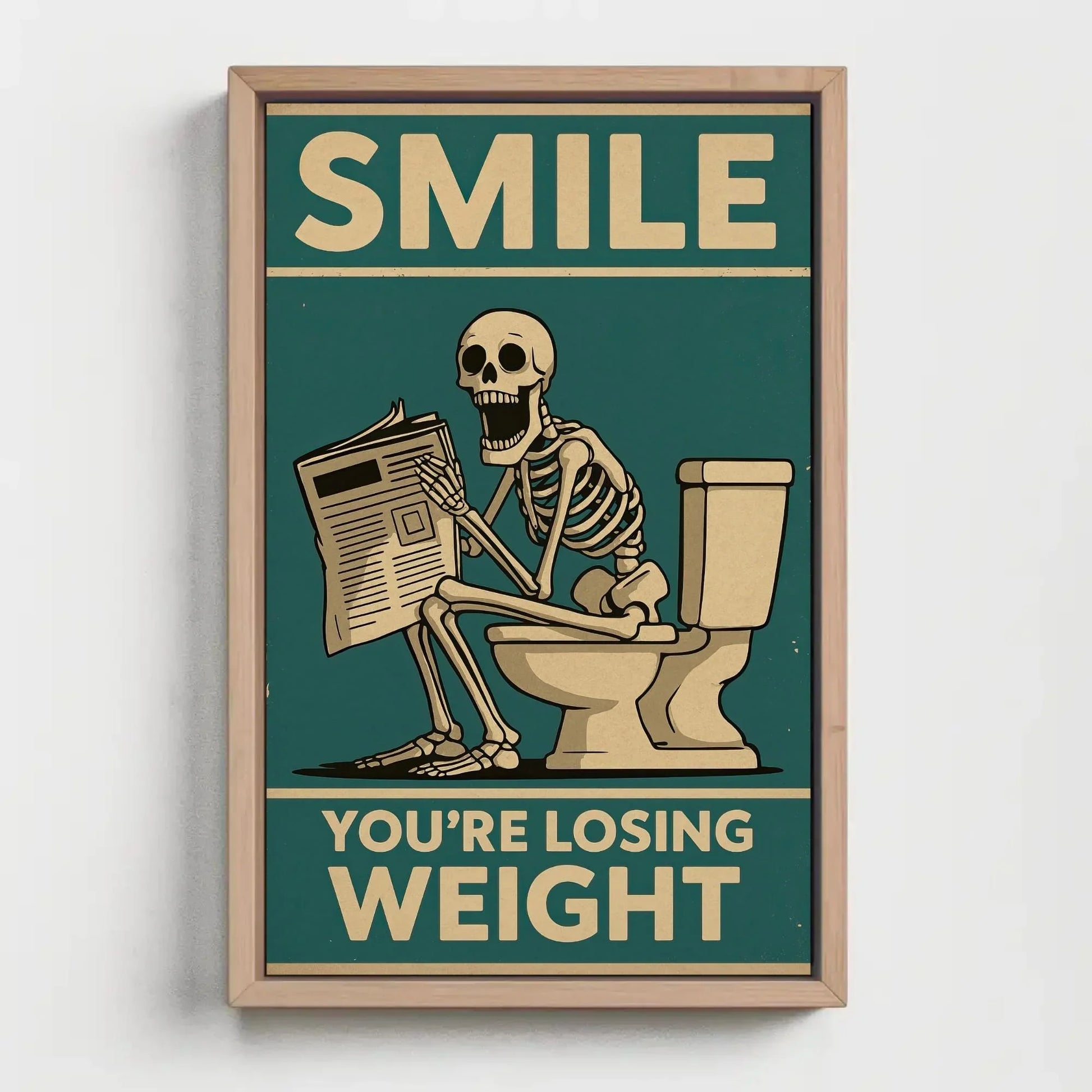 Skeleton Reading Newspaper Canvas Print, Extra Large Funny “You’re Losing Weight” Wall Art, Humorous Bathroom or Office Decor Quirky Spaces Wall Art – Canvas Print