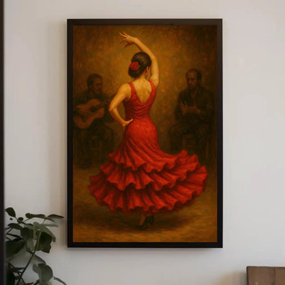 Fiery Flamenco Dancer in Red Dress Back View Oil Painting | Passionate Spanish Traditional Dance Pose Wall Art for Dramatic Home Decor Wall Art – Canvas Print