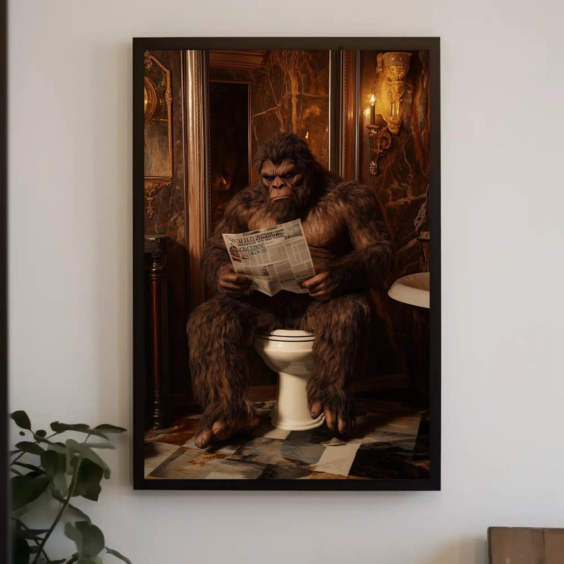 Bigfoot on Luxury Toilet Reading Newspaper Canvas Print, Funny Bathroom Art, Humorous Bigfoot Wall Decor, Quirky Restroom Decor Wall Art – Canvas Print
