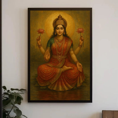 Goddess Lakshmi Hindu Canvas Print – Spiritual Indian Wall Art with Lotus for Mandir, Living Room, or Diwali Gifting Wall Art – Canvas Print