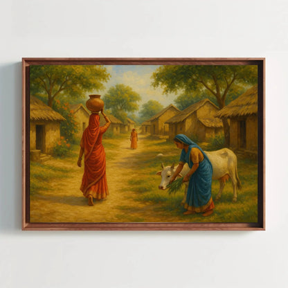 Peaceful Indian village life art featuring women in sarees, thatched huts, and cow feeding scene, rustic rural India wall print Wall Art – Canvas Print