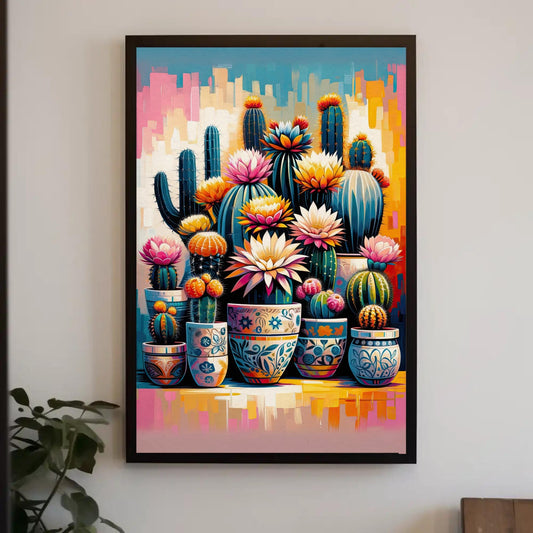 Vibrant Cactus and Flowers Vertical Canvas Print