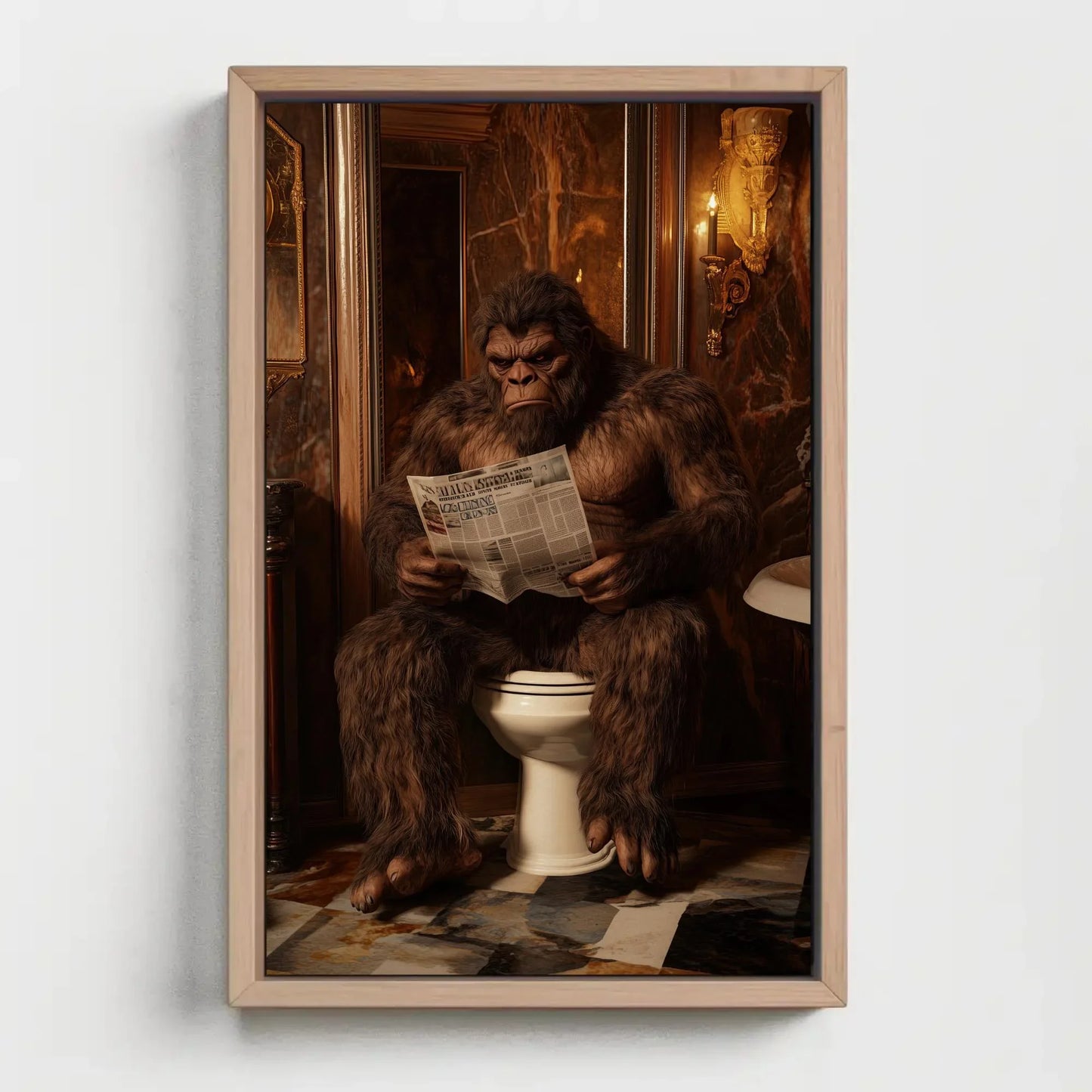 Bigfoot on Luxury Toilet Reading Newspaper Canvas Print, Funny Bathroom Art, Humorous Bigfoot Wall Decor, Quirky Restroom Decor Wall Art – Canvas Print