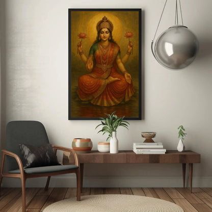 Goddess Lakshmi Hindu Canvas Print – Spiritual Indian Wall Art with Lotus for Mandir, Living Room, or Diwali Gifting Wall Art – Canvas Print