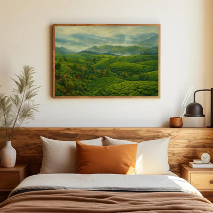 Misty Morning Munnar Tea Plantations Canvas Print, Serene Green Landscape Painting, Peaceful Nature Wall Art, Refreshing Botanical Decor Wall Art – Canvas Print