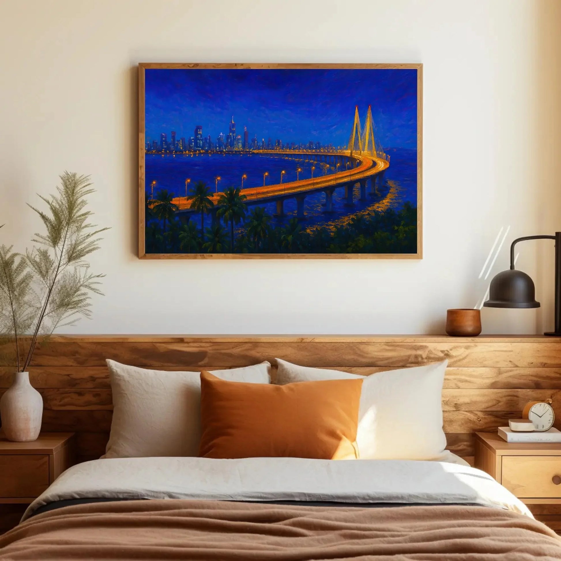 Mumbai Skyline at Night Sea Link Bridge Canvas Print, Vibrant City Lights Painting, Urban Seascape Wall Art, Modern Coastal Home Decor Wall Art – Canvas Print