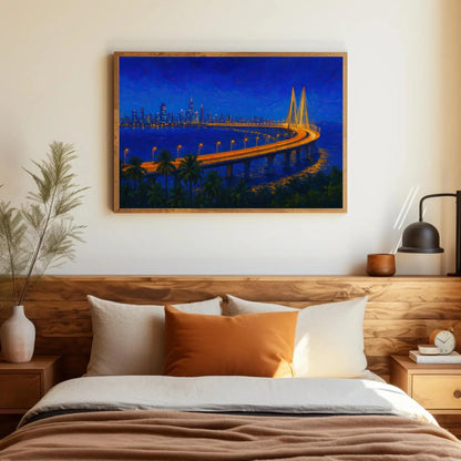 Mumbai Skyline at Night Sea Link Bridge Canvas Print, Vibrant City Lights Painting, Urban Seascape Wall Art, Modern Coastal Home Decor Wall Art – Canvas Print