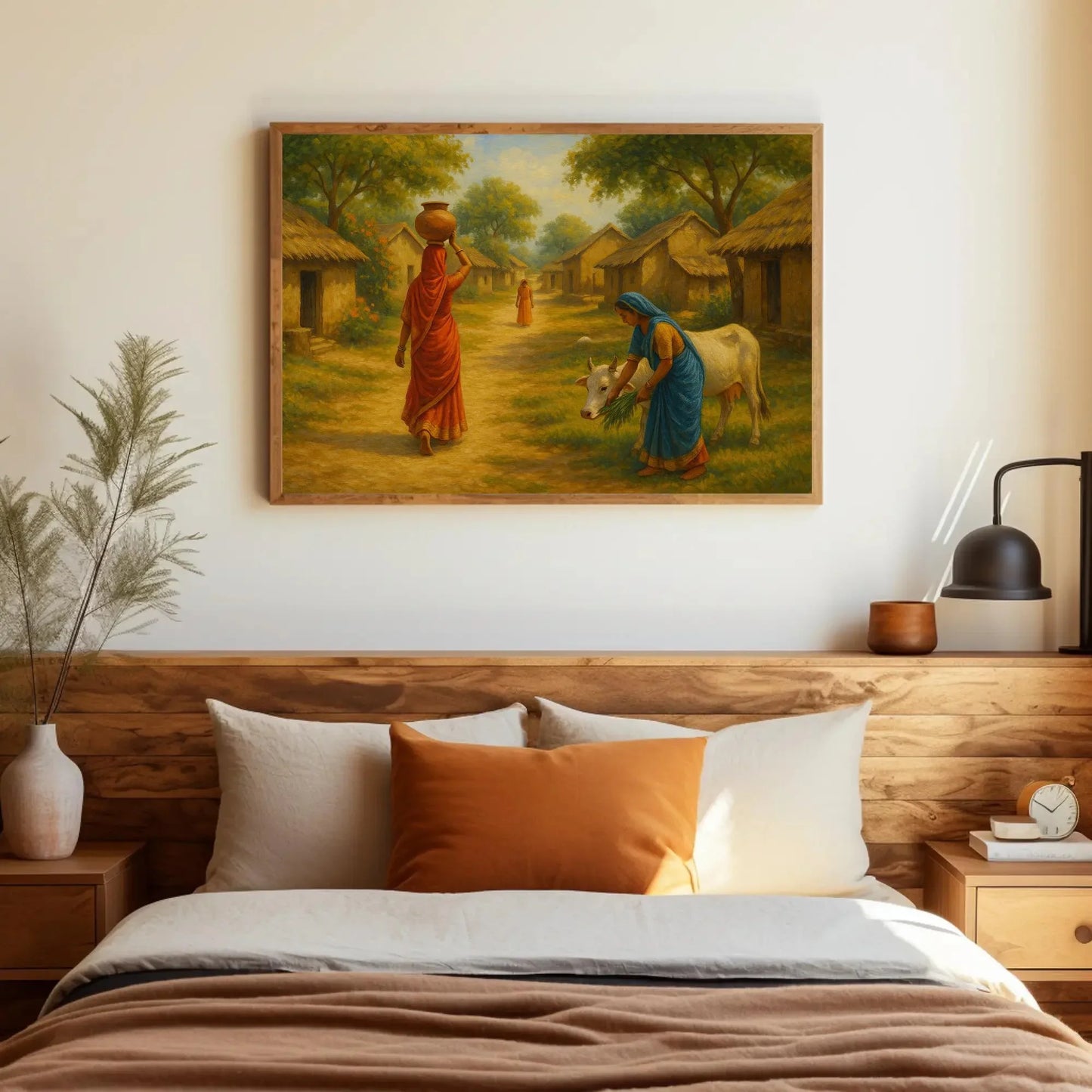Peaceful Indian village life art featuring women in sarees, thatched huts, and cow feeding scene, rustic rural India wall print Wall Art – Canvas Print