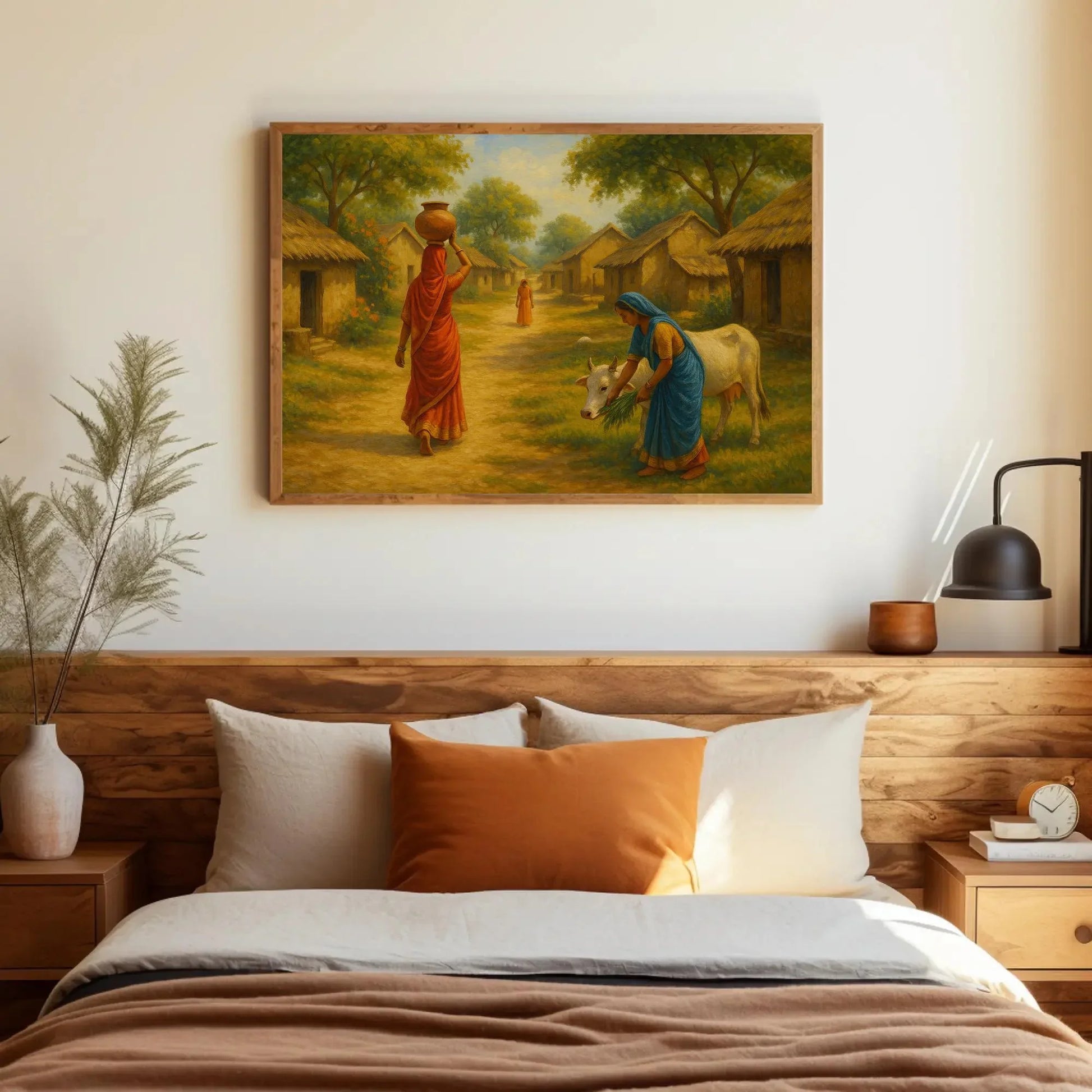 Peaceful Indian village life art featuring women in sarees, thatched huts, and cow feeding scene, rustic rural India wall print Wall Art – Canvas Print