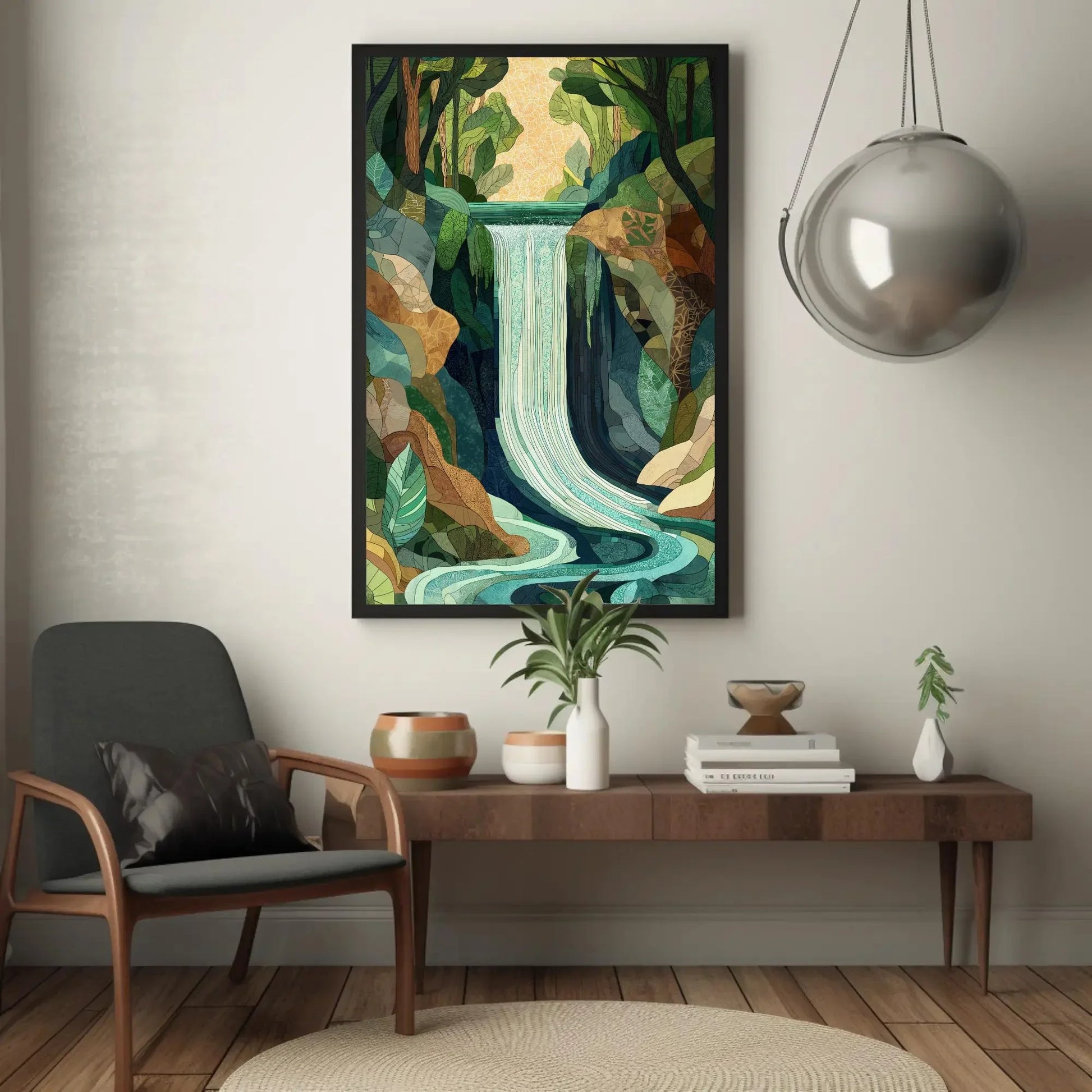 Mosaic Waterfall Landscape Canvas Print - Extra Large Nature Art - Geometric Botanical Wall Decor for Modern Jungle Home or Studio Wall Art – Canvas Print