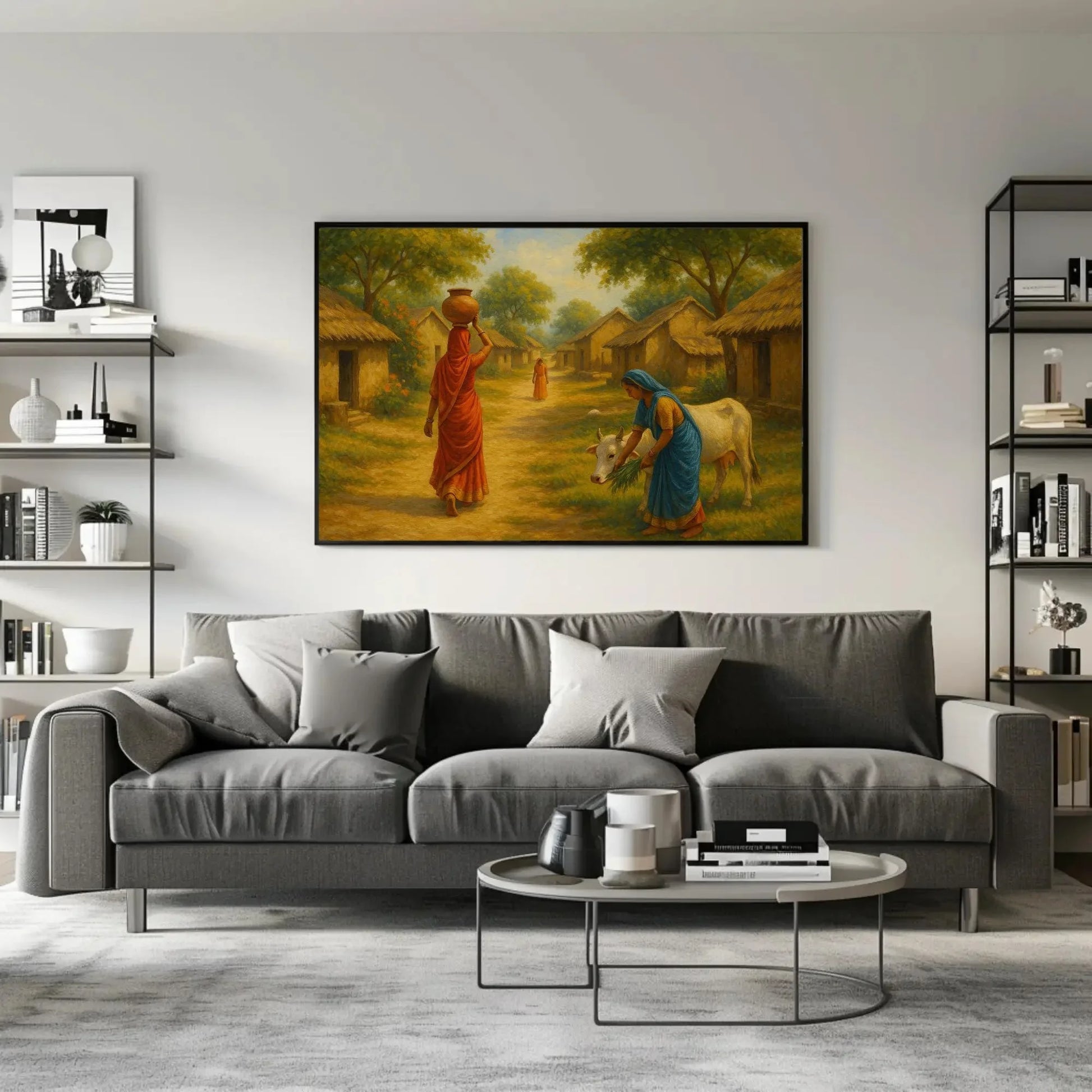 Peaceful Indian village life art featuring women in sarees, thatched huts, and cow feeding scene, rustic rural India wall print Wall Art – Canvas Print