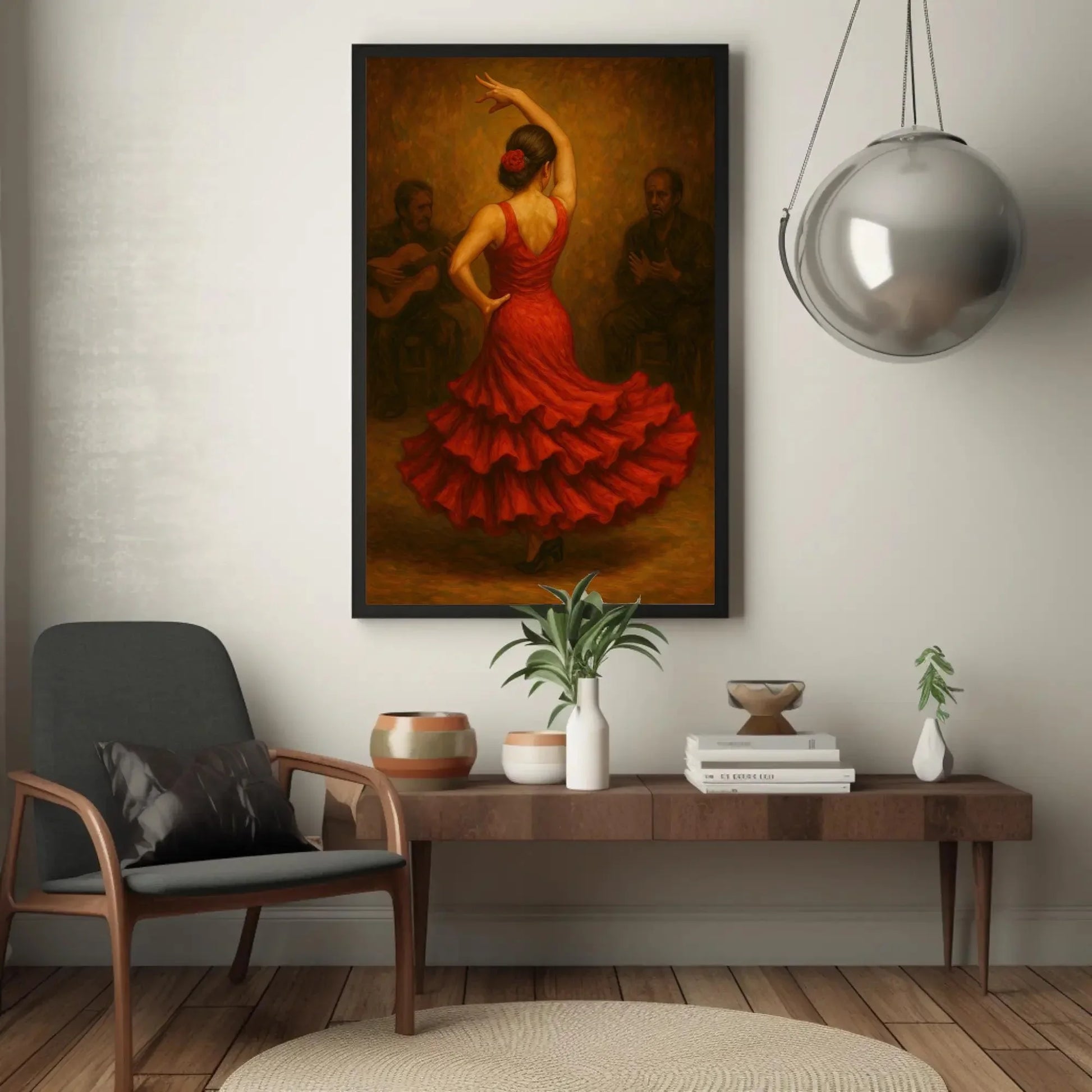 Fiery Flamenco Dancer in Red Dress Back View Oil Painting | Passionate Spanish Traditional Dance Pose Wall Art for Dramatic Home Decor Wall Art – Canvas Print