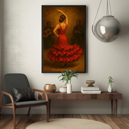 Fiery Flamenco Dancer in Red Dress Back View Oil Painting | Passionate Spanish Traditional Dance Pose Wall Art for Dramatic Home Decor Wall Art – Canvas Print