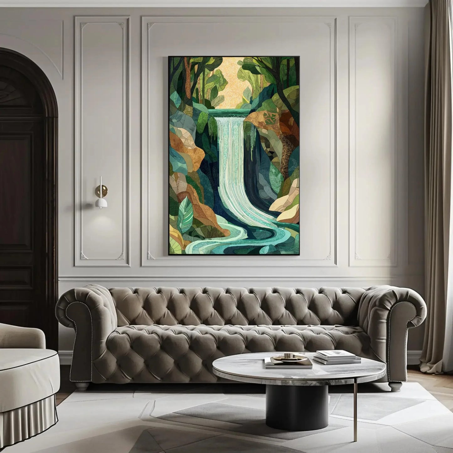 Mosaic Waterfall Landscape Canvas Print - Extra Large Nature Art - Geometric Botanical Wall Decor for Modern Jungle Home or Studio Wall Art – Canvas Print