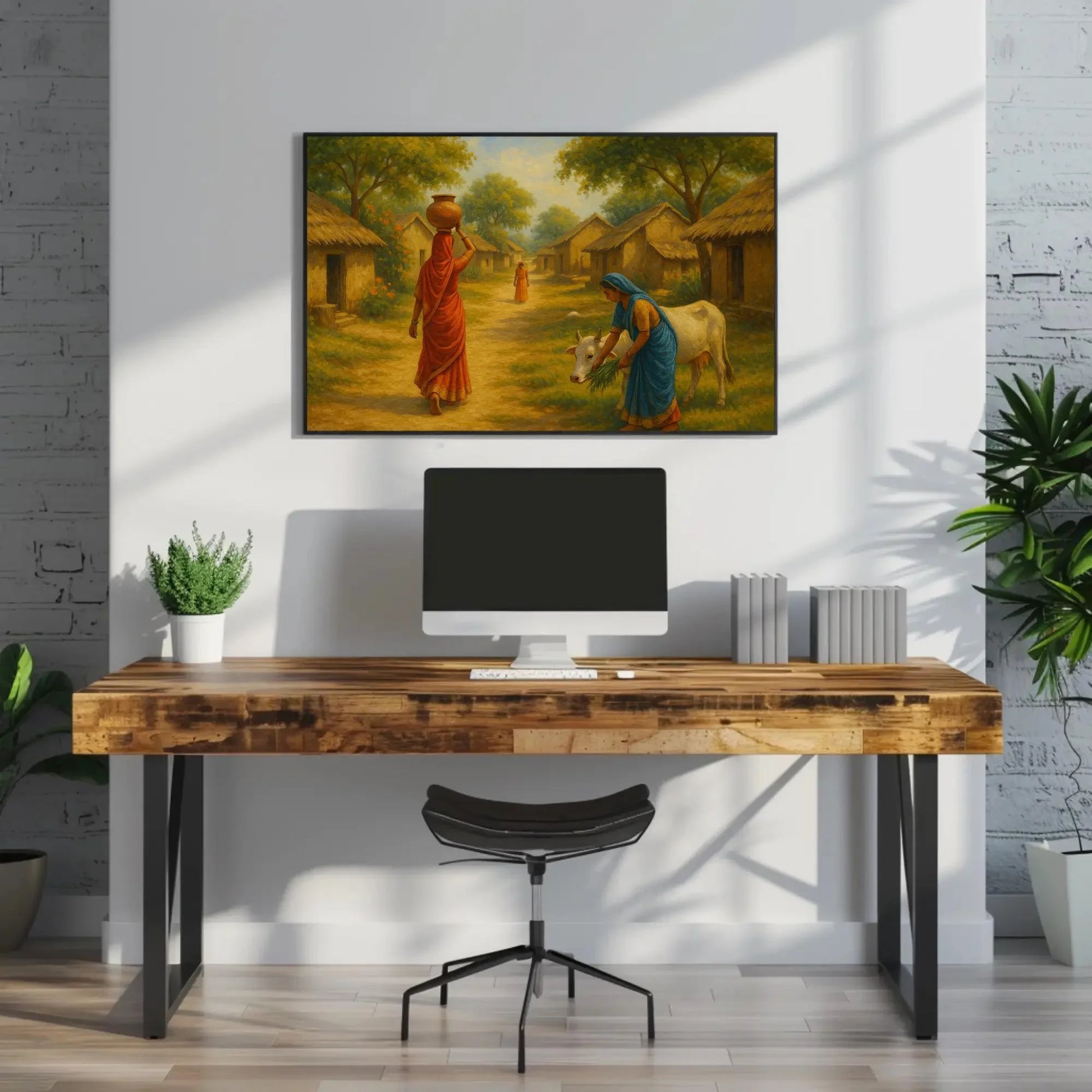 Peaceful Indian village life art featuring women in sarees, thatched huts, and cow feeding scene, rustic rural India wall print Wall Art – Canvas Print