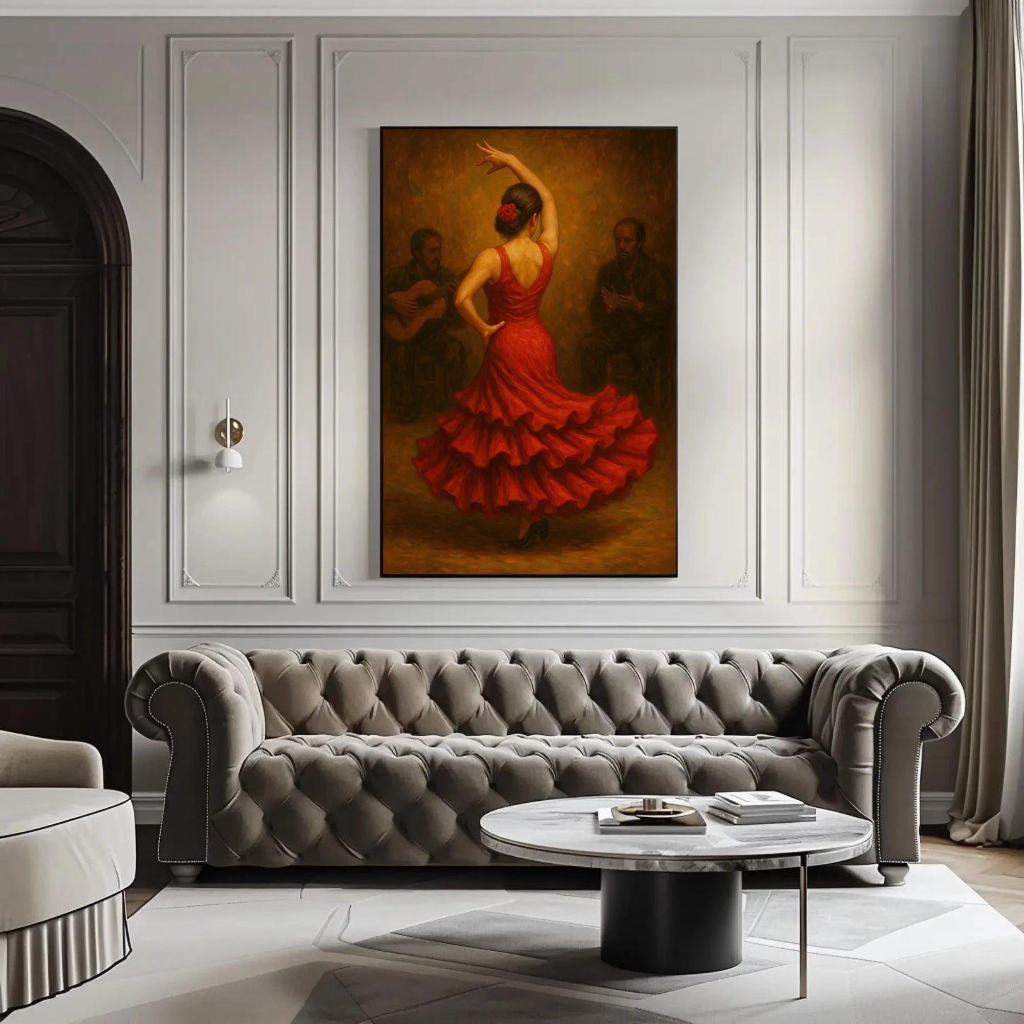 Fiery Flamenco Dancer in Red Dress Back View Oil Painting | Passionate Spanish Traditional Dance Pose Wall Art for Dramatic Home Decor Wall Art – Canvas Print