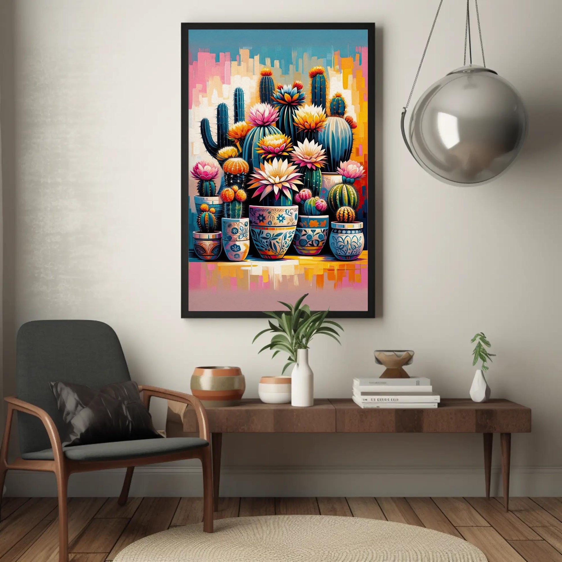 Vibrant Cactus and Flowers Vertical Canvas Print