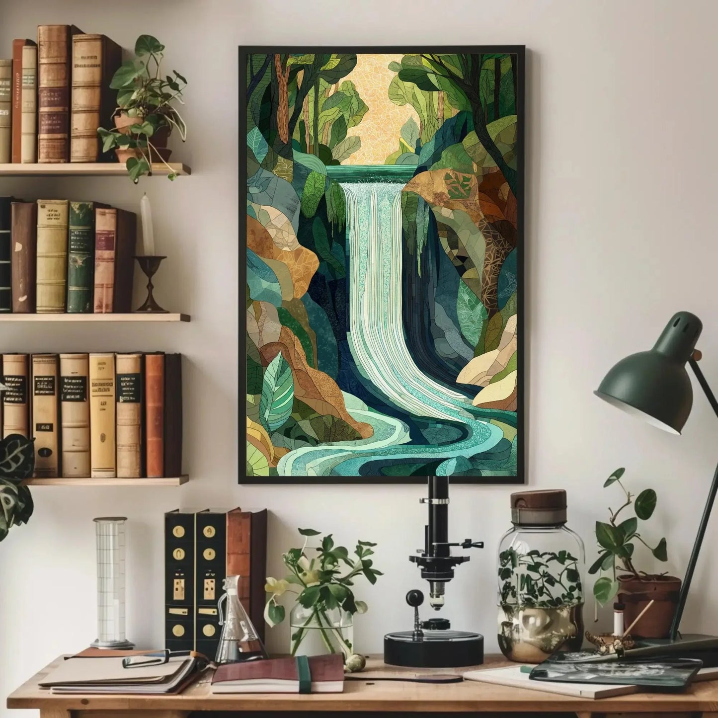 Mosaic Waterfall Landscape Canvas Print - Extra Large Nature Art - Geometric Botanical Wall Decor for Modern Jungle Home or Studio Wall Art – Canvas Print
