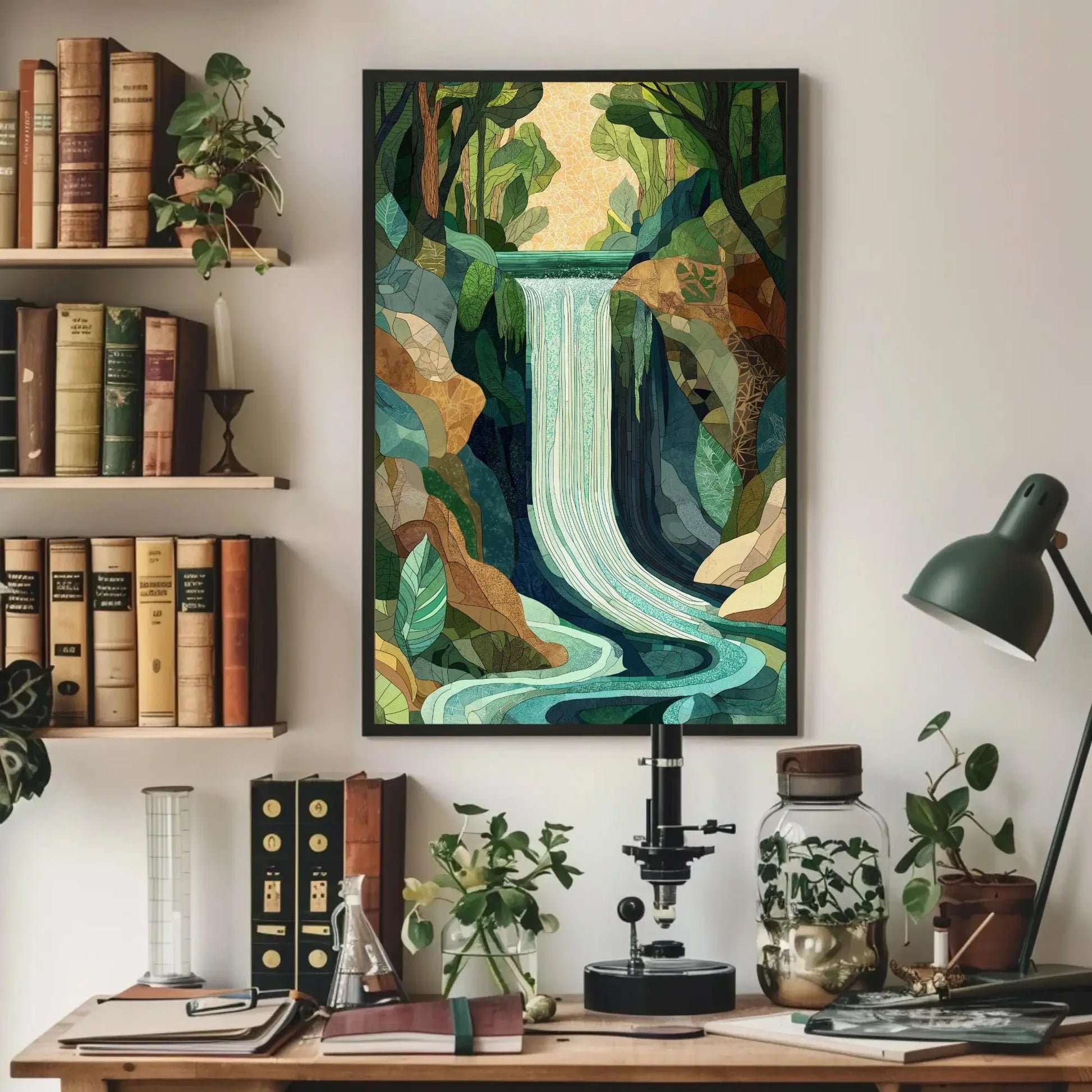 Mosaic Waterfall Landscape Canvas Print - Extra Large Nature Art - Geometric Botanical Wall Decor for Modern Jungle Home or Studio Wall Art – Canvas Print