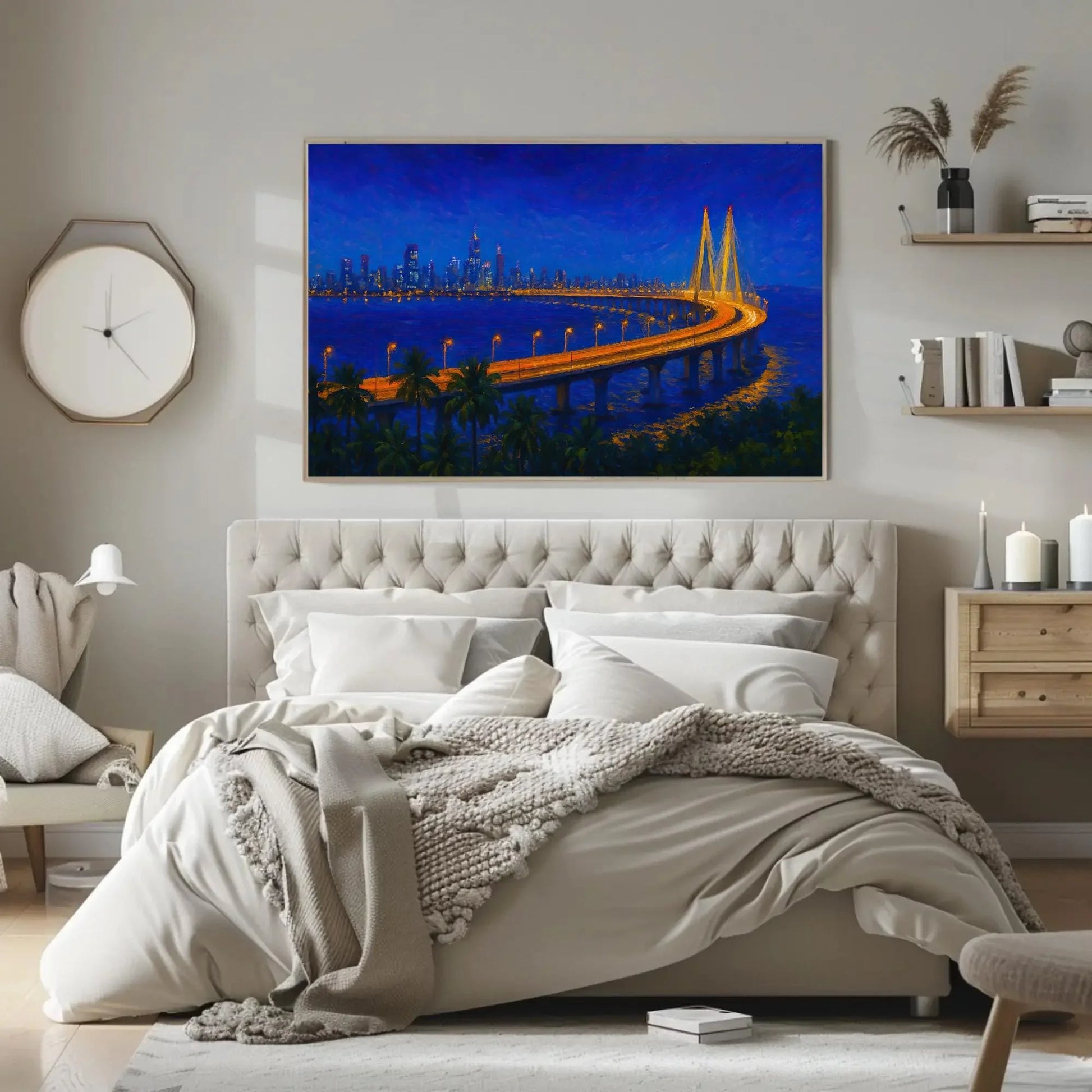Mumbai Skyline at Night Sea Link Bridge Canvas Print, Vibrant City Lights Painting, Urban Seascape Wall Art, Modern Coastal Home Decor Wall Art – Canvas Print