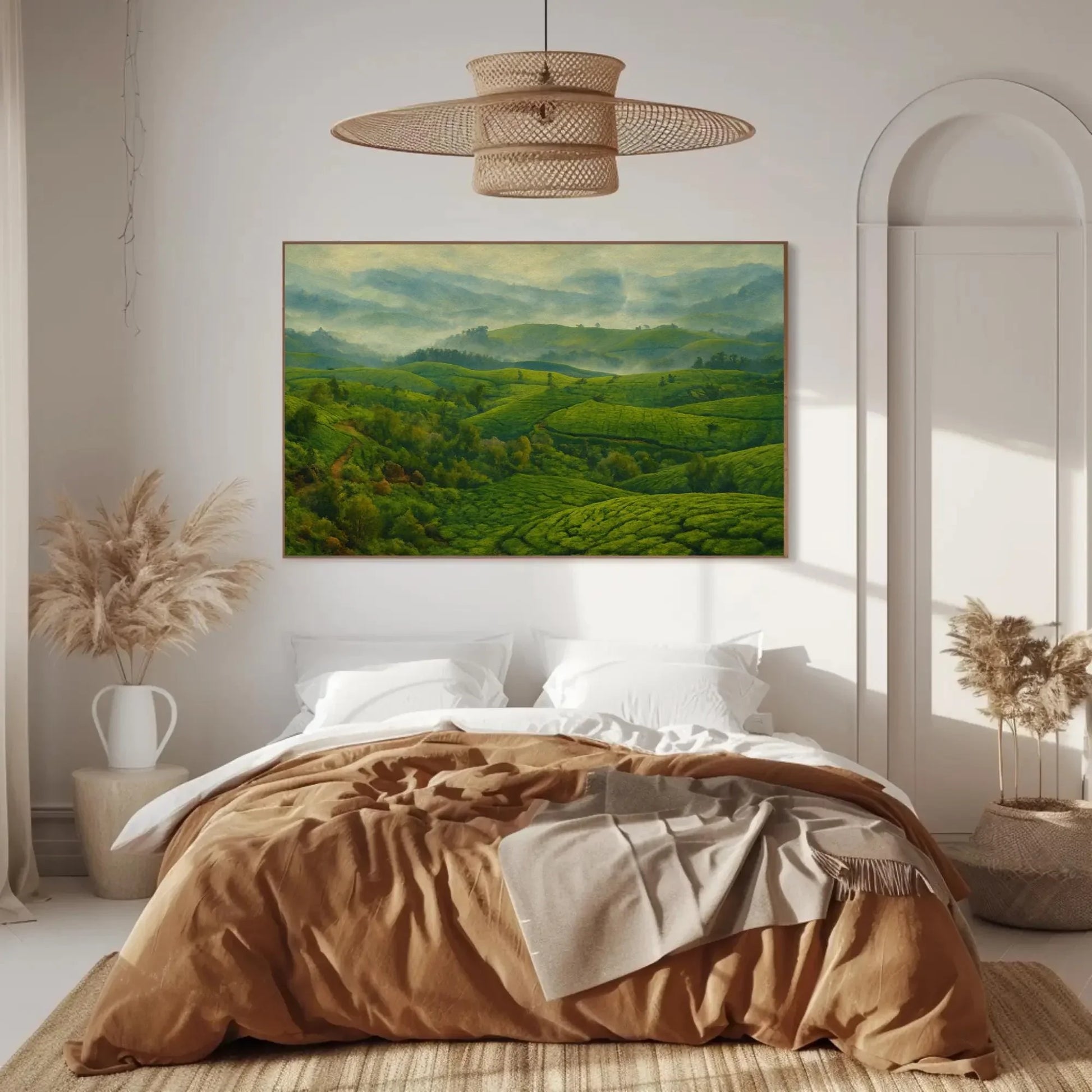 Misty Morning Munnar Tea Plantations Canvas Print, Serene Green Landscape Painting, Peaceful Nature Wall Art, Refreshing Botanical Decor Wall Art – Canvas Print