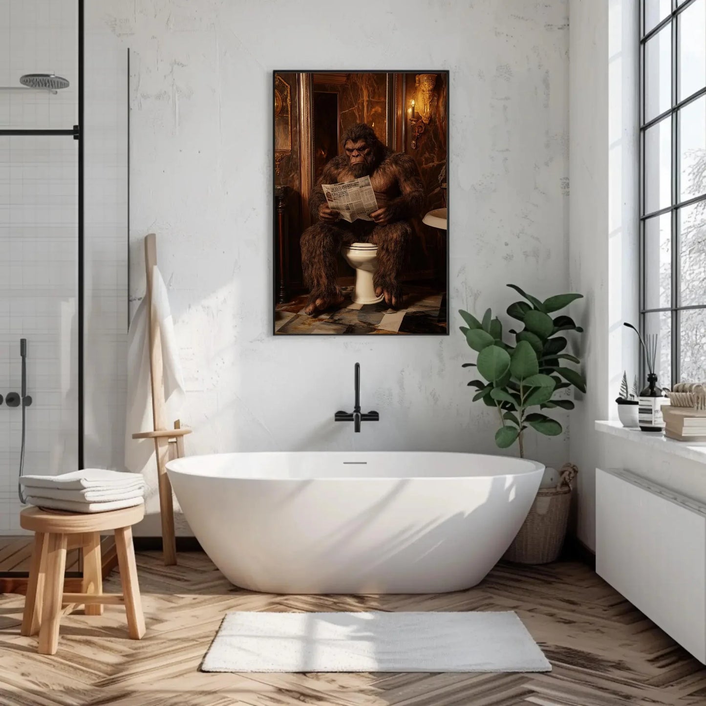 Bigfoot on Luxury Toilet Reading Newspaper Canvas Print, Funny Bathroom Art, Humorous Bigfoot Wall Decor, Quirky Restroom Decor Wall Art – Canvas Print