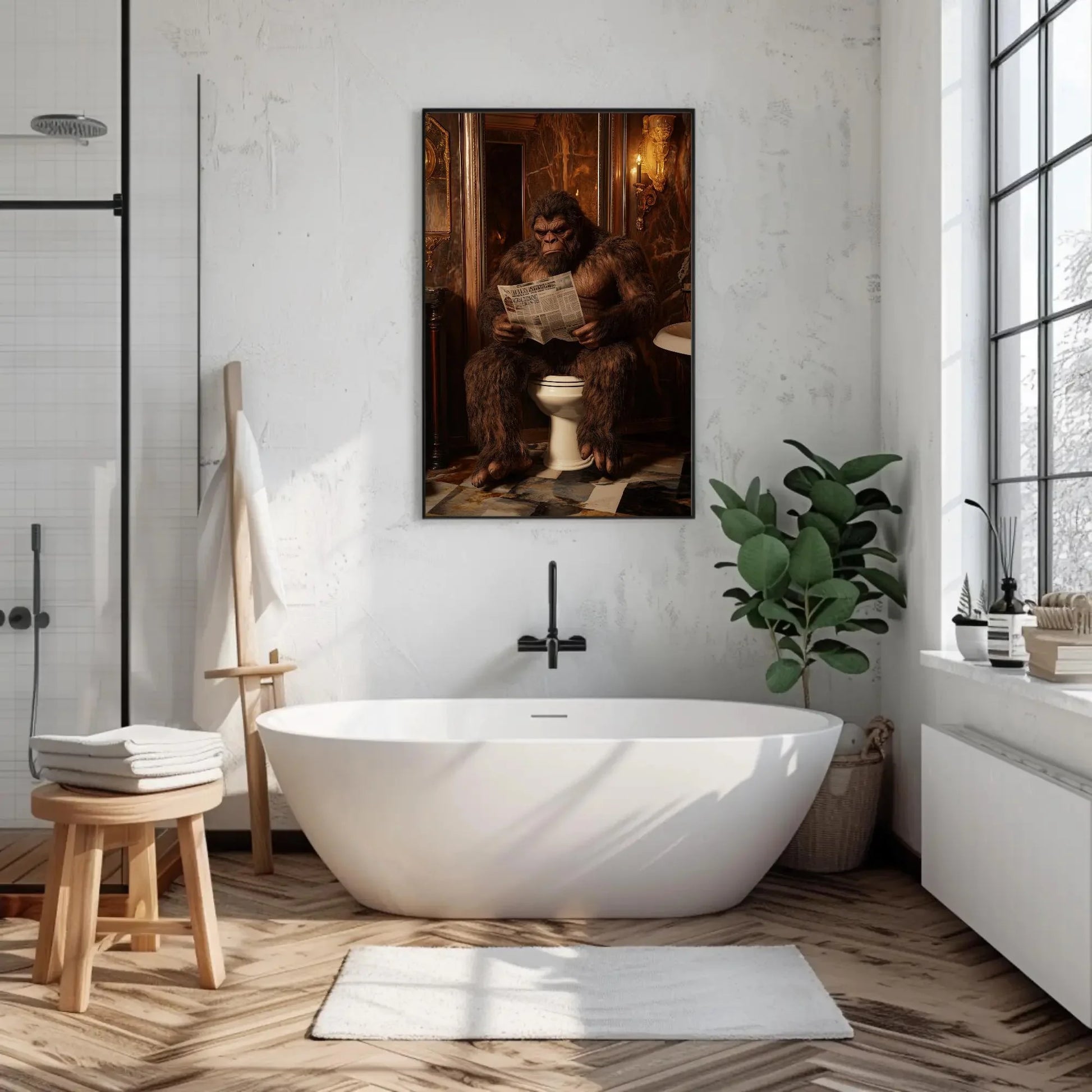 Bigfoot on Luxury Toilet Reading Newspaper Canvas Print, Funny Bathroom Art, Humorous Bigfoot Wall Decor, Quirky Restroom Decor Wall Art – Canvas Print