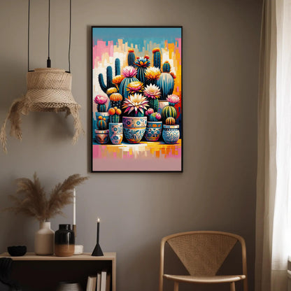 Vibrant Cactus and Flowers Vertical Canvas Print