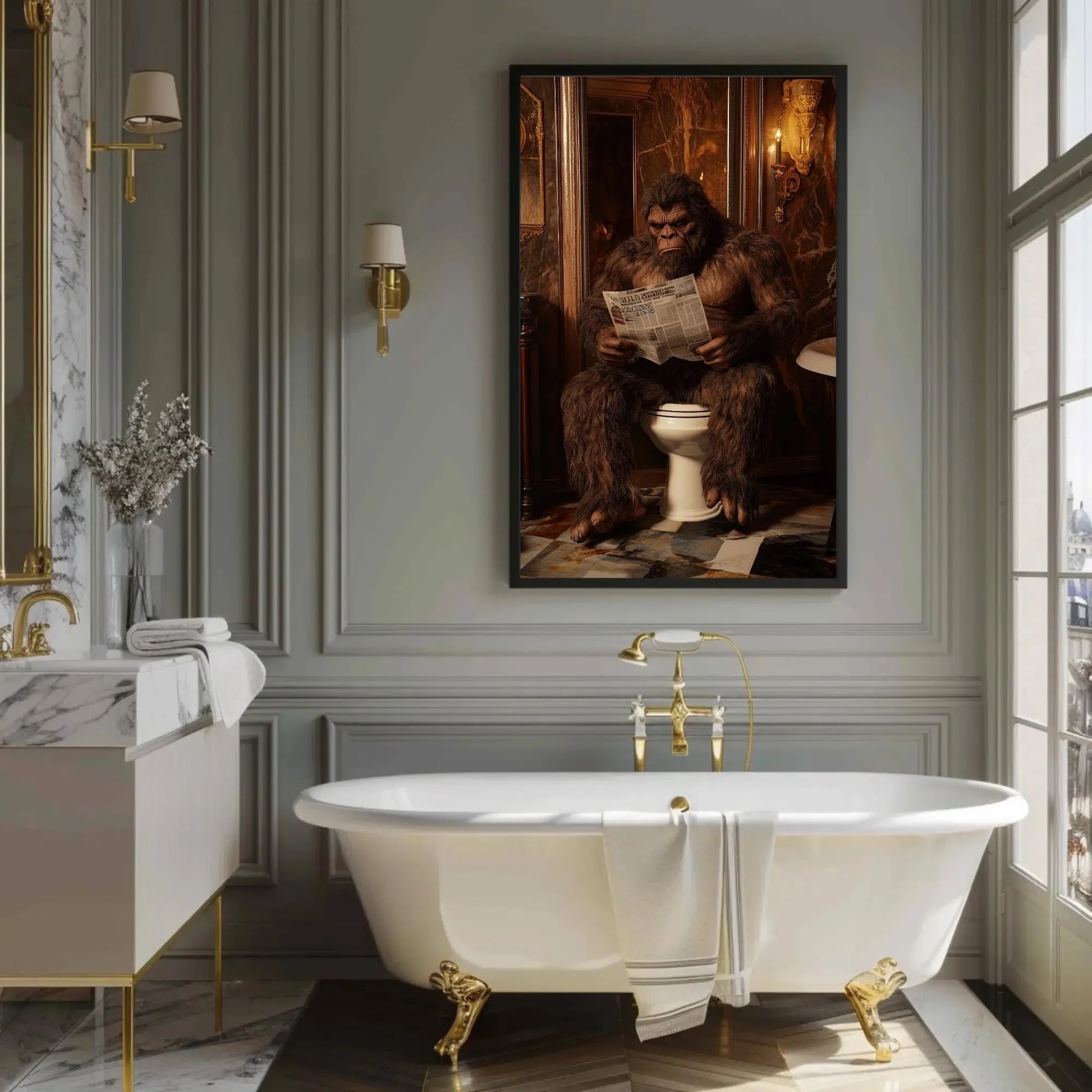 Bigfoot on Luxury Toilet Reading Newspaper Canvas Print, Funny Bathroom Art, Humorous Bigfoot Wall Decor, Quirky Restroom Decor Wall Art – Canvas Print