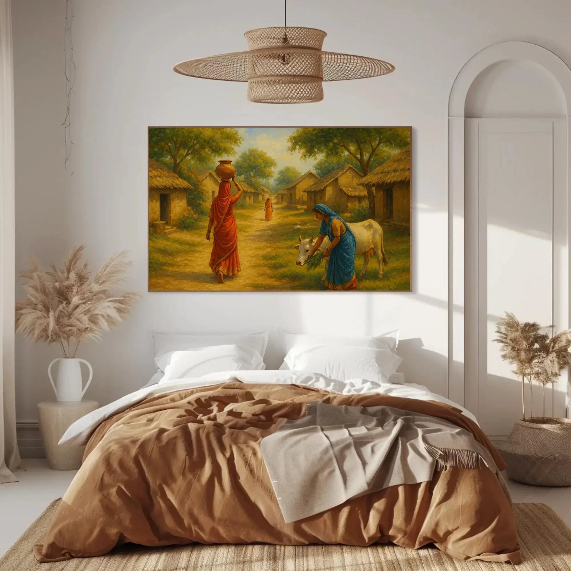 Peaceful Indian village life art featuring women in sarees, thatched huts, and cow feeding scene, rustic rural India wall print Wall Art – Canvas Print